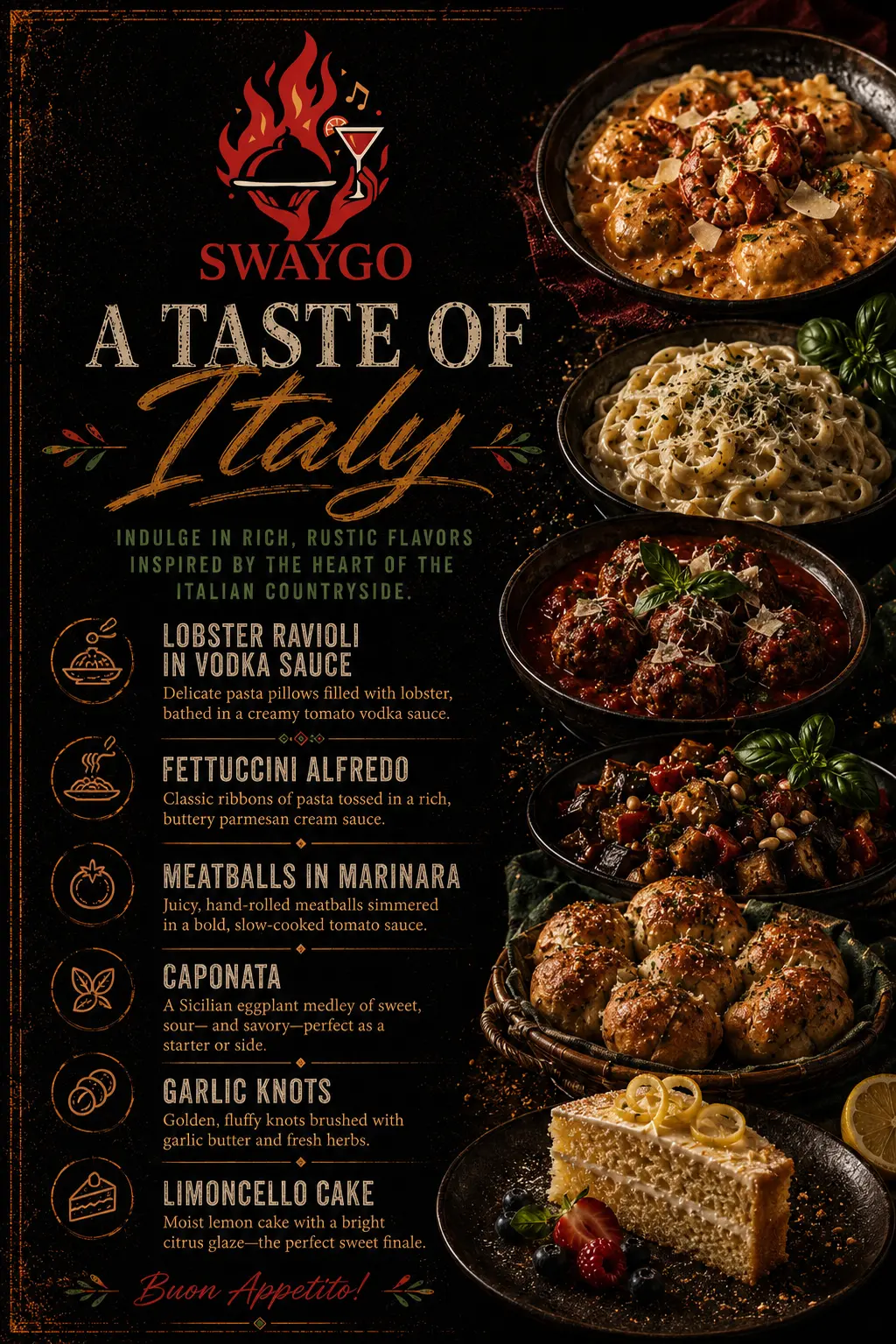 Owner-uploaded A Taste of Italy flyer with gold lettering on black and six menu entries alongside food artwork.