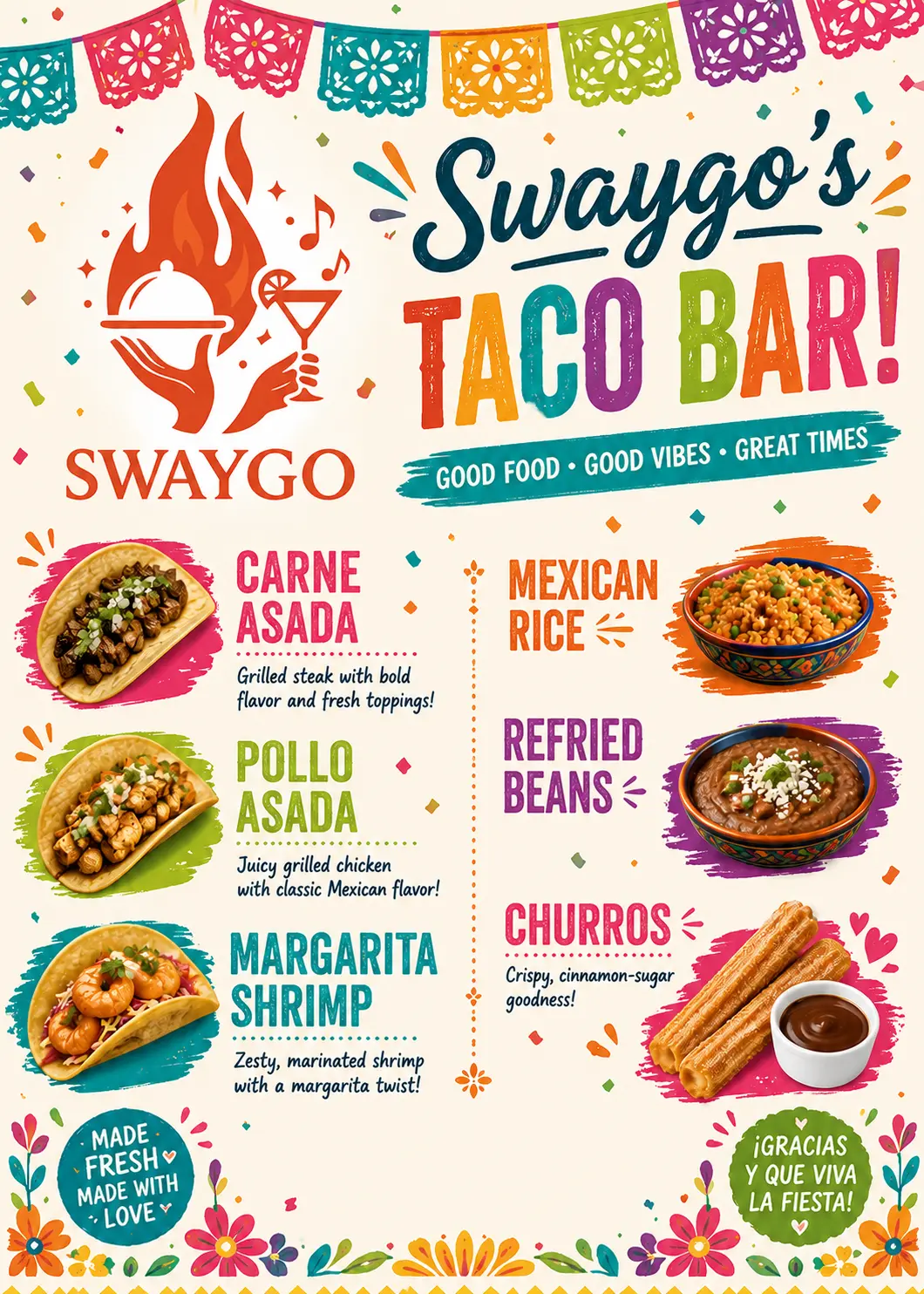 Owner-uploaded Swaygo’s Taco Bar flyer with colorful banners, flowers and six menu offerings on a light background.