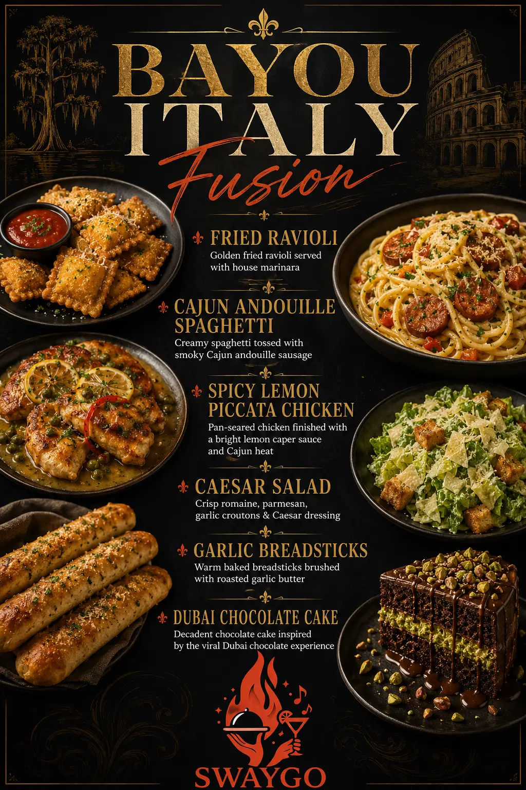 Owner-uploaded Bayou Italy Fusion flyer with gold headings, bayou and Italian architectural artwork and six menu entries.