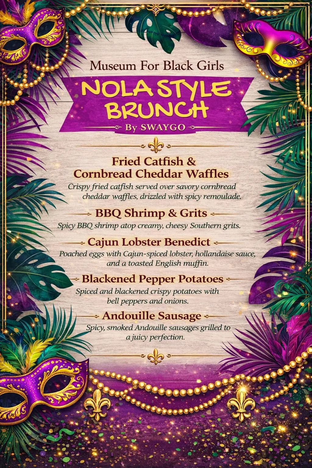 Owner-uploaded NOLA Style Brunch by Swaygo flyer with masks, beads, purple banners and five printed menu offerings.