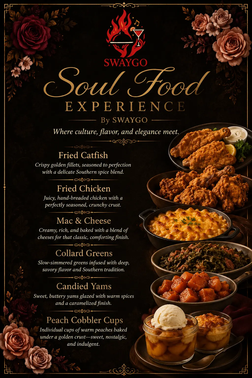 Owner-uploaded Soul Food Experience flyer with floral borders, gold script and six menu entries with food artwork.