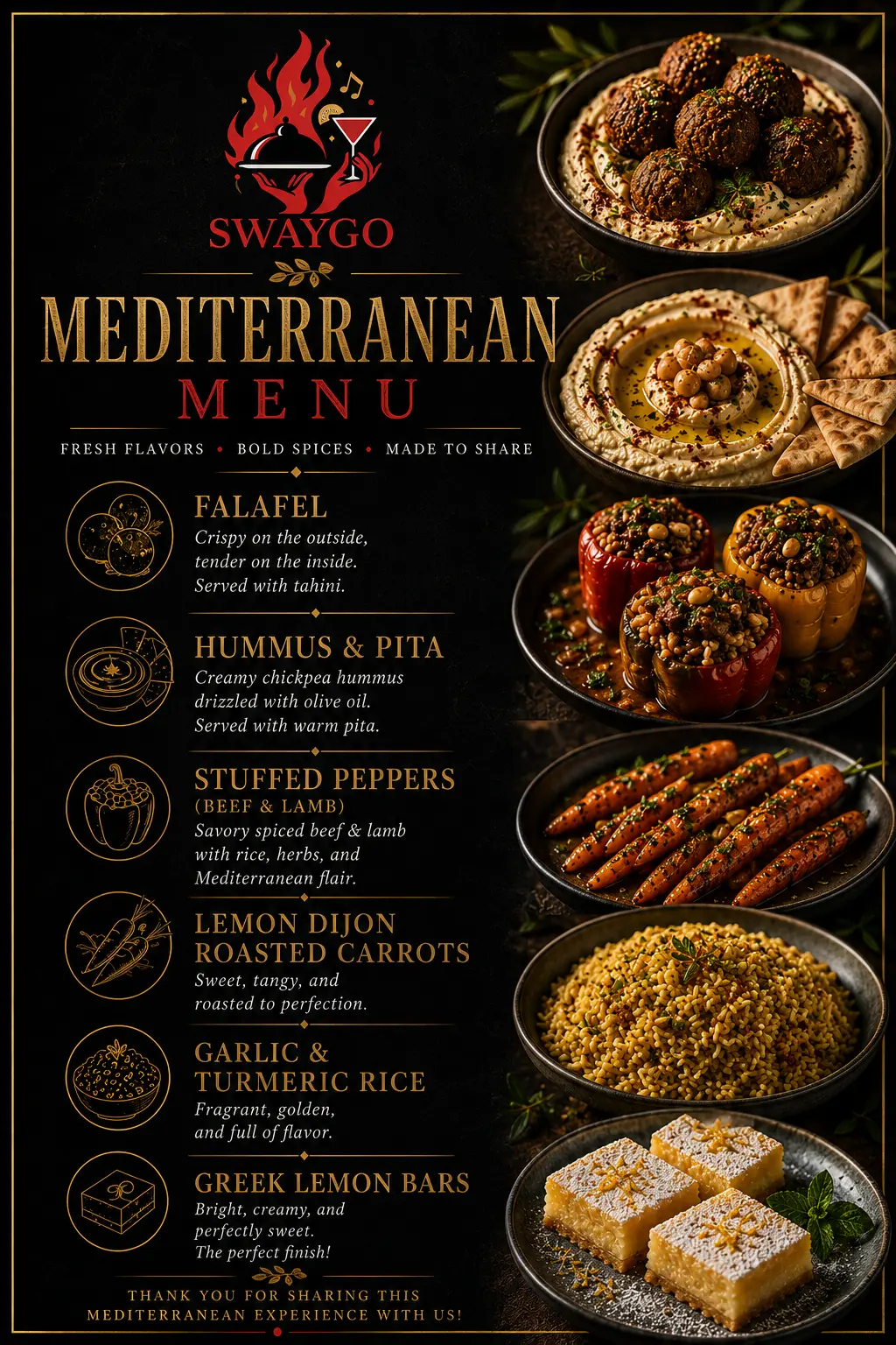 Owner-uploaded Mediterranean Menu flyer with gold lettering and six menu offerings arranged beside food artwork.