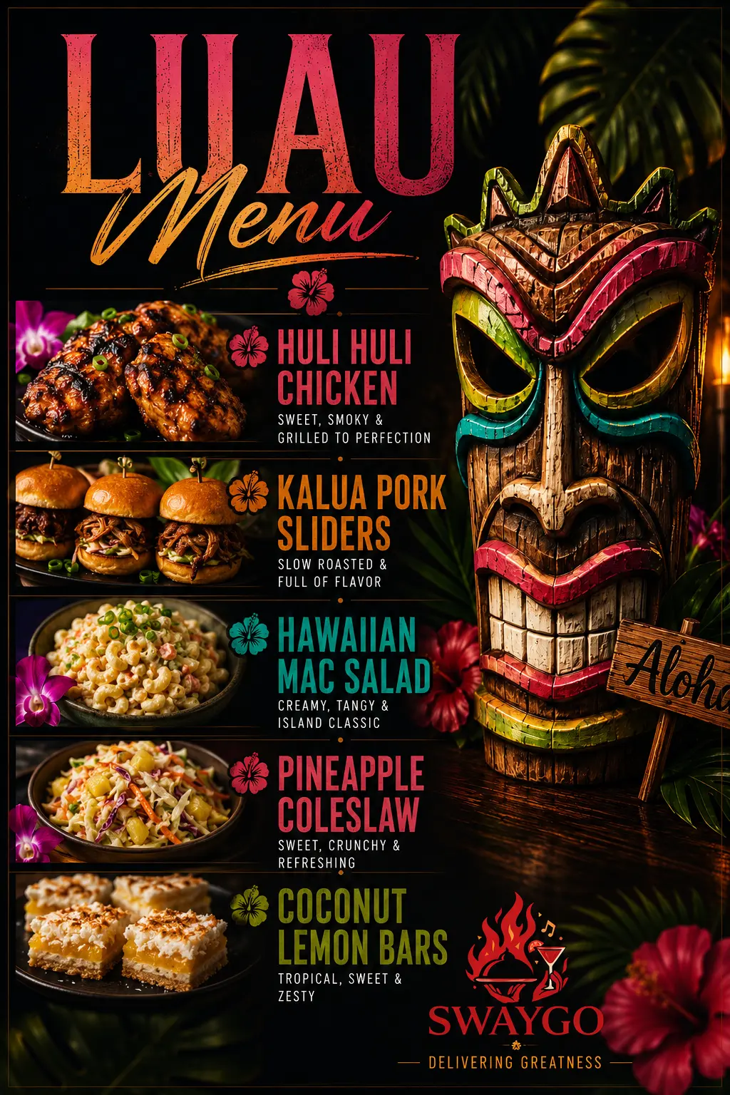 Owner-uploaded Luau Menu flyer with colorful headings, a carved mask and five illustrated menu offerings.