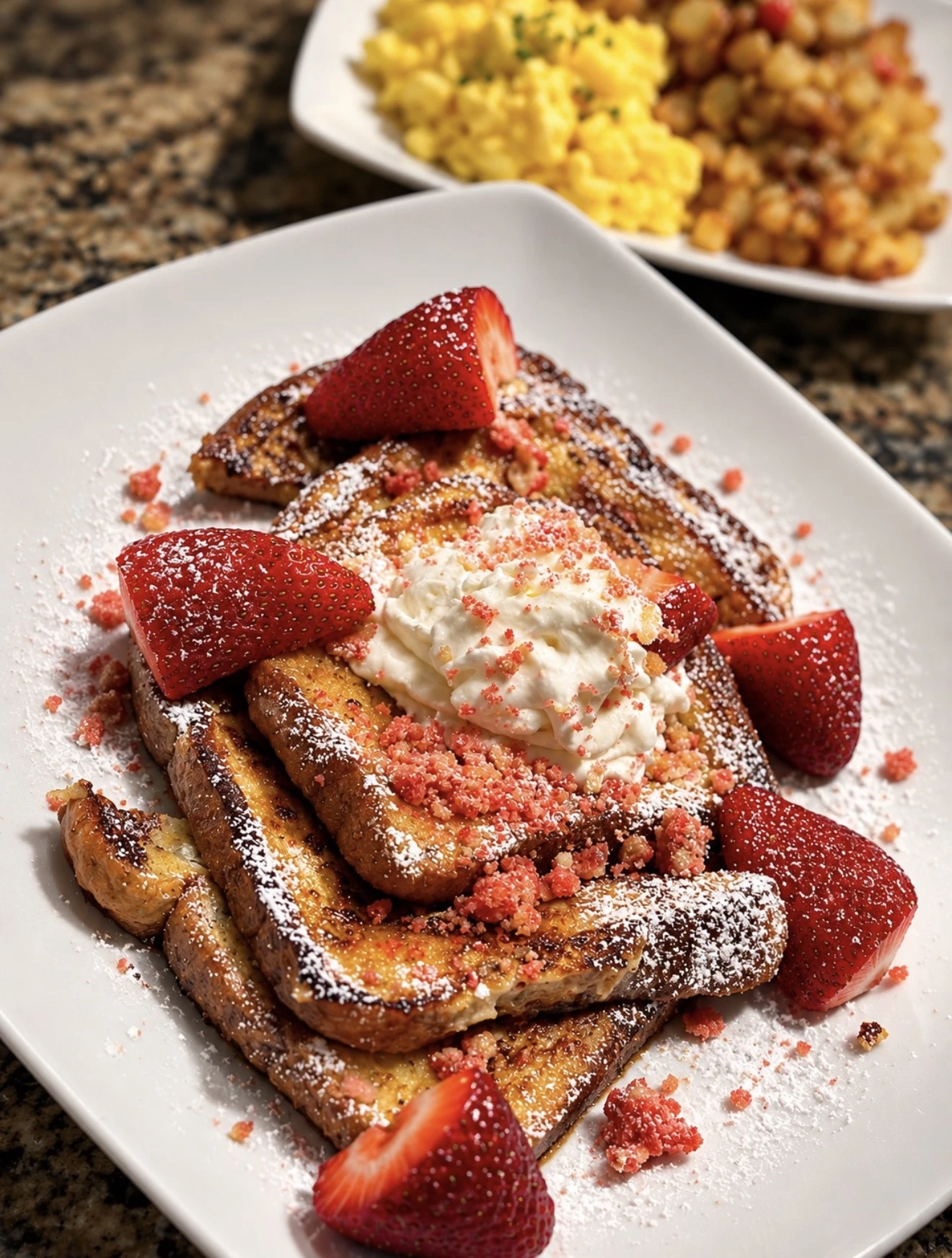 Golden toast topped with strawberries, powdered sugar and cream on a white rectangular plate.
