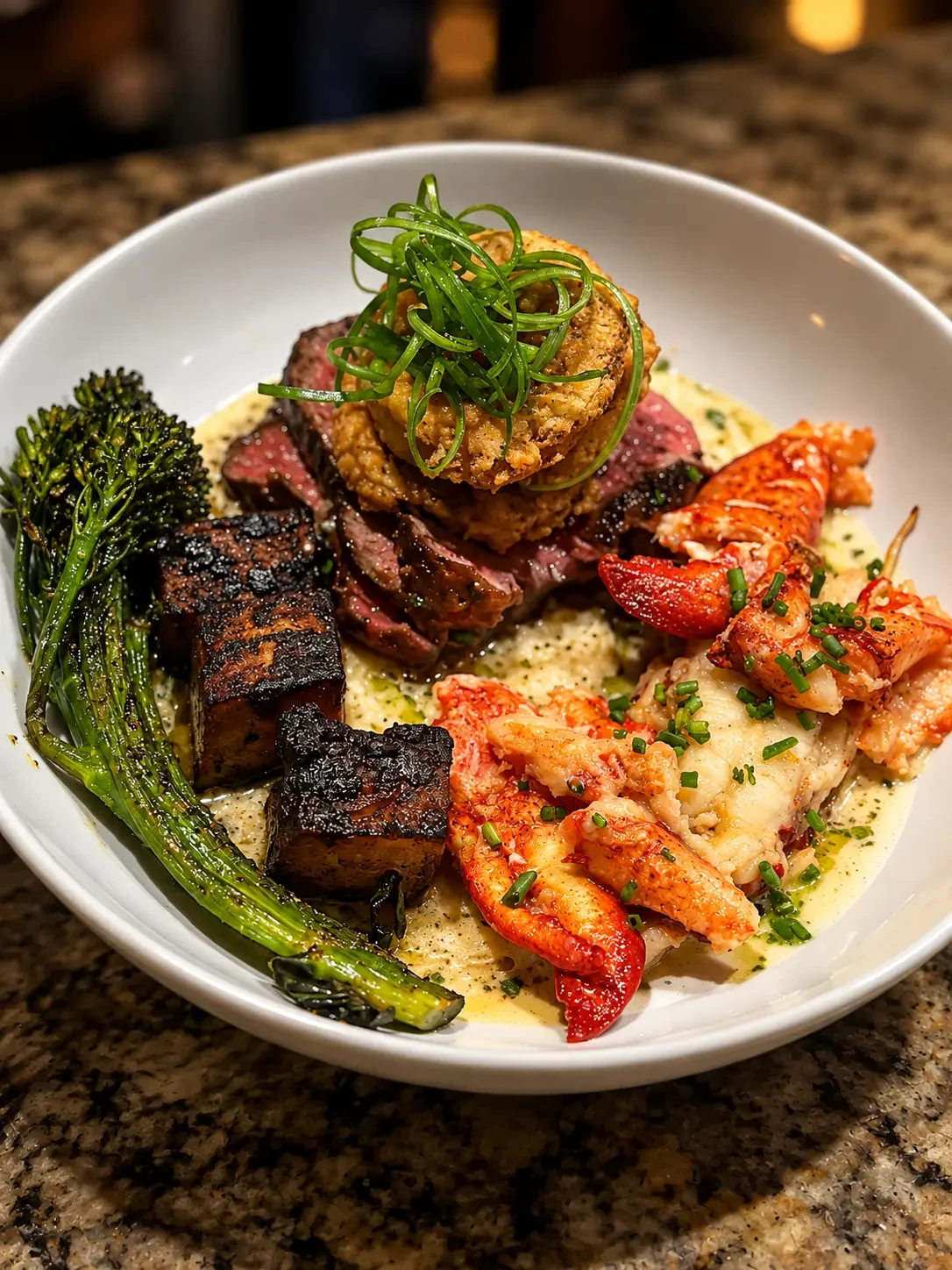 Sliced seared meat, seafood, creamy sauce and green vegetables arranged in a white bowl.