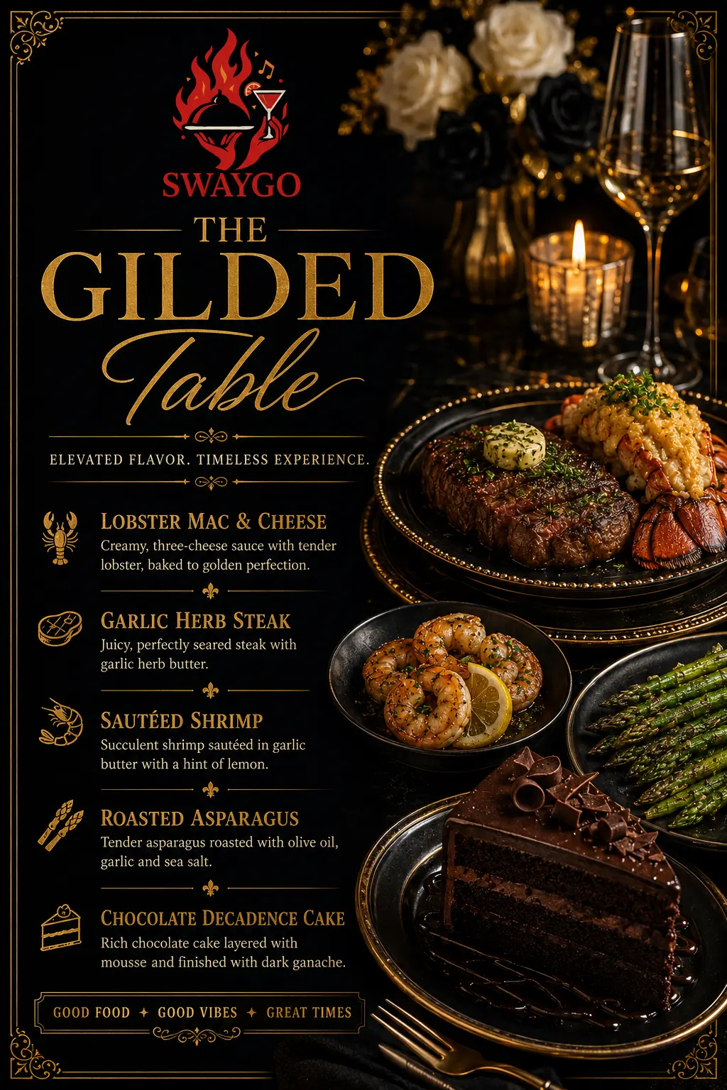 Owner-uploaded The Gilded Table flyer with gold ornamental borders, candlelight and five menu offerings.