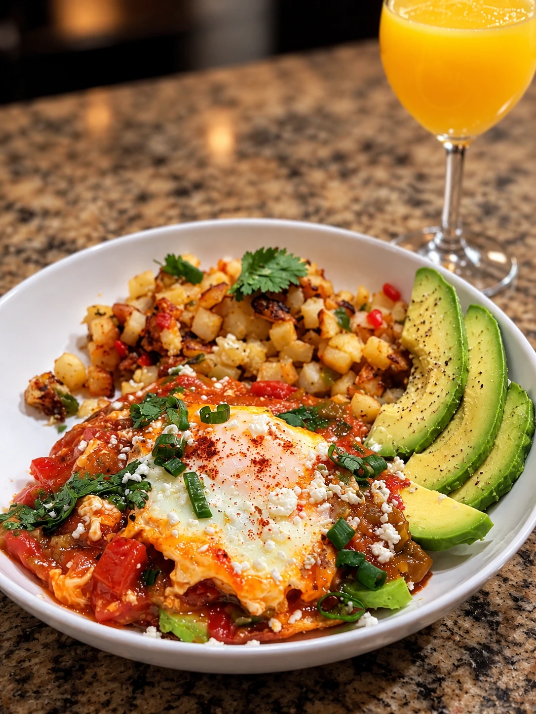White bowl with a fried egg, sautéed vegetables, potatoes and sliced avocado beside an orange drink.