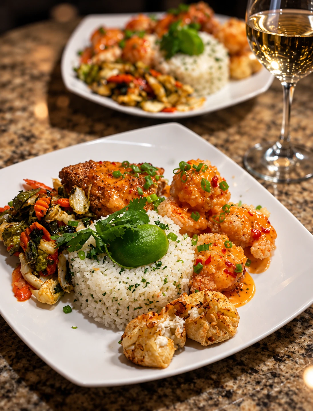 Two white plates with a mound of rice, colorful vegetables and golden cooked pieces beside a wine glass.
