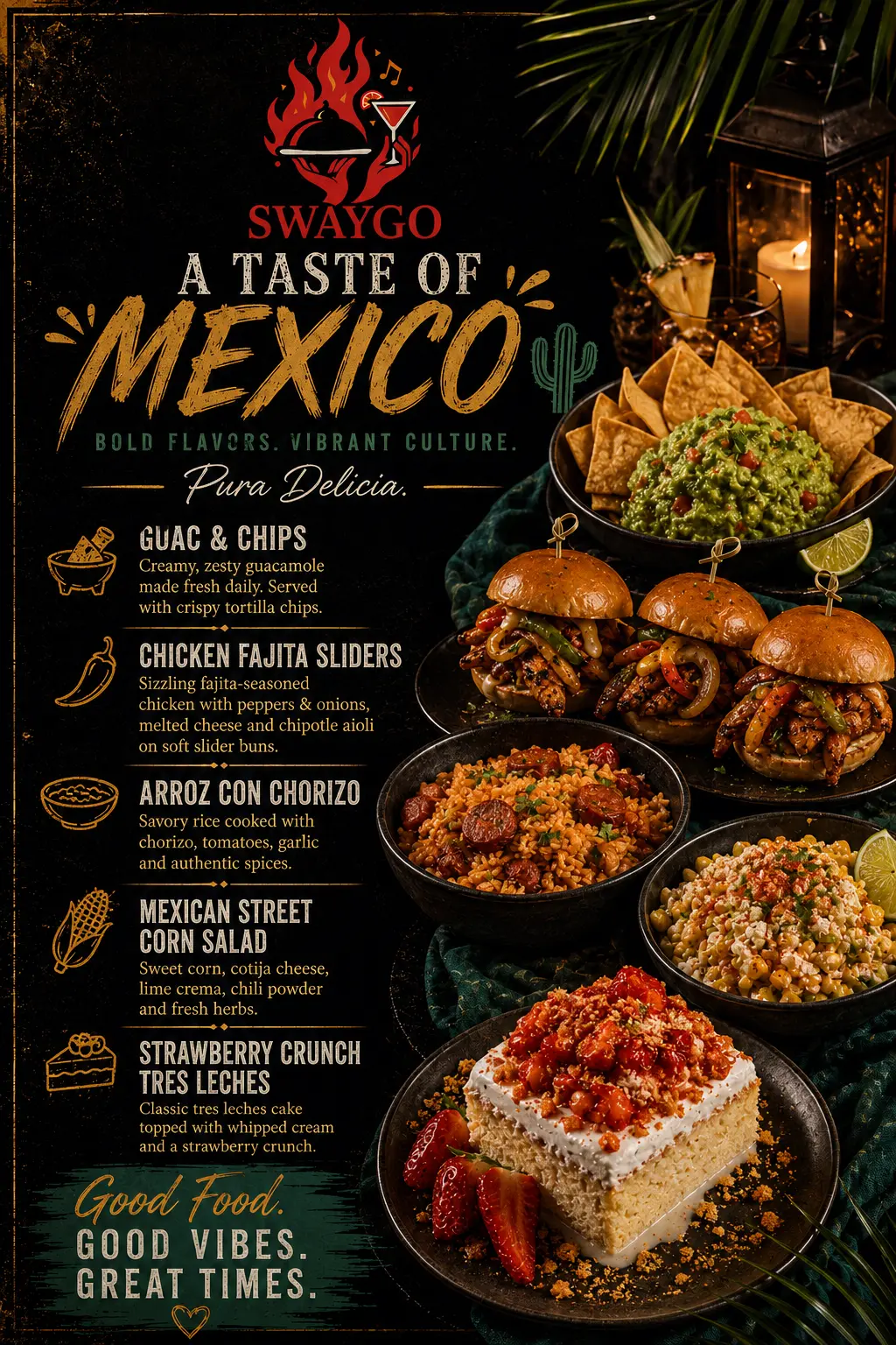 Owner-uploaded A Taste of Mexico flyer with gold and green lettering, a lantern and five menu entries with food artwork.