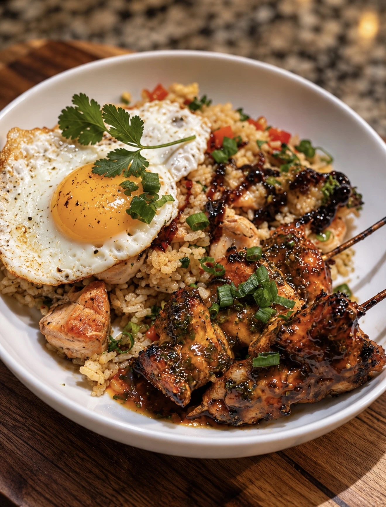White bowl with grilled pieces, rice, vegetables and a sunny-side-up egg sprinkled with herbs.