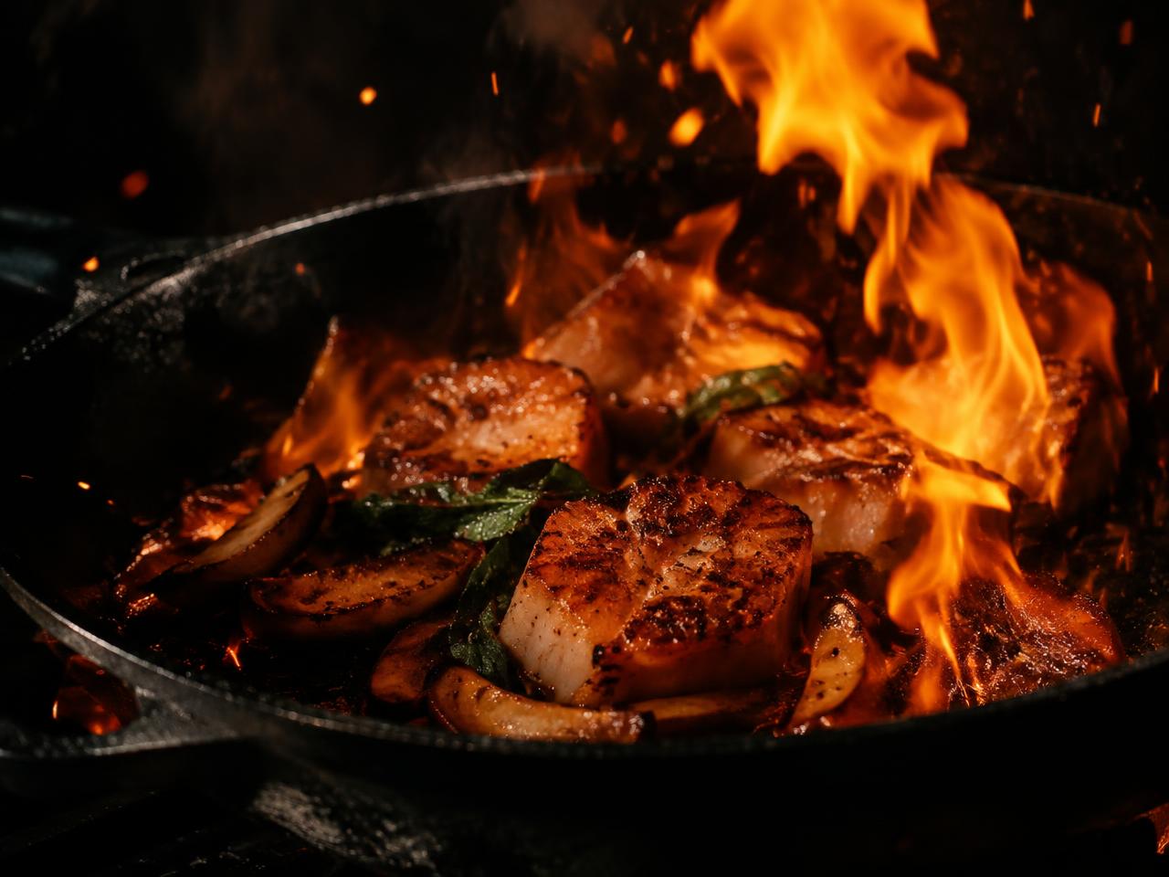 Seared ingredients over open flame